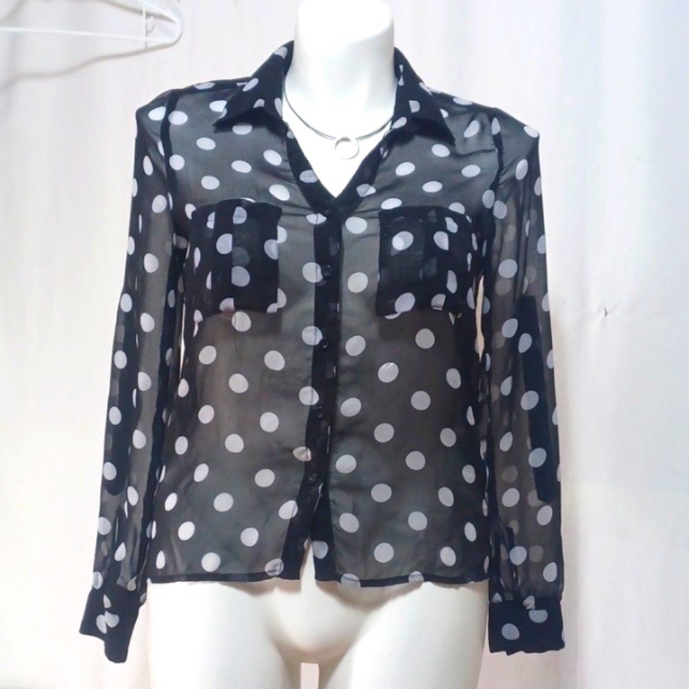 Sans Souci womens top size small in a beautiful see thru black with poka dots
